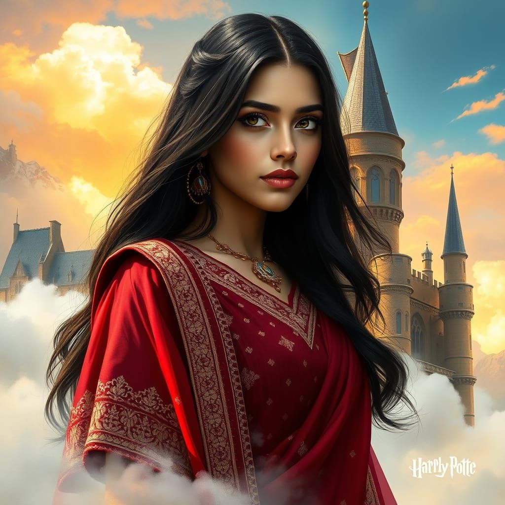 Young Woman in Wine-Red Lahenga Against Hogwarts Castle