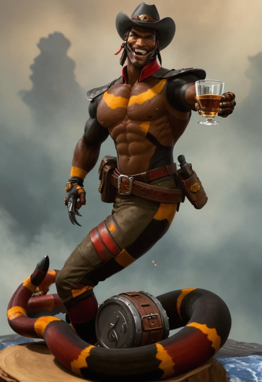Metallic Coral-Snake Naga Cowboy Raising a Toast