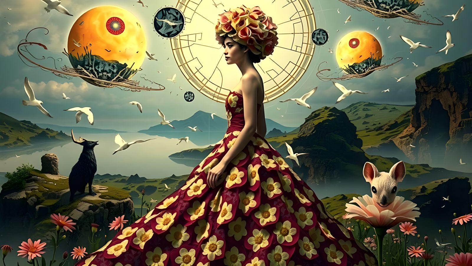 Woman in Floral Dress in Dreamlike Landscape