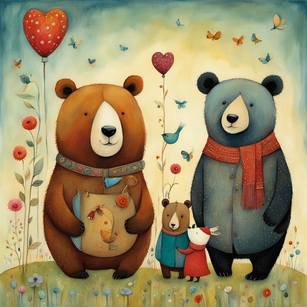 Whimsical Bear Cub and Friends Illustration