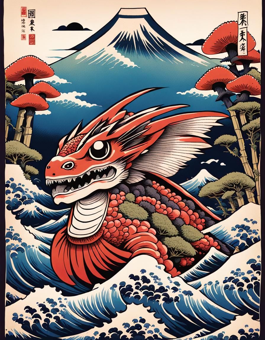 Kawaii Rodan in Ukiyo-E Woodcut Style