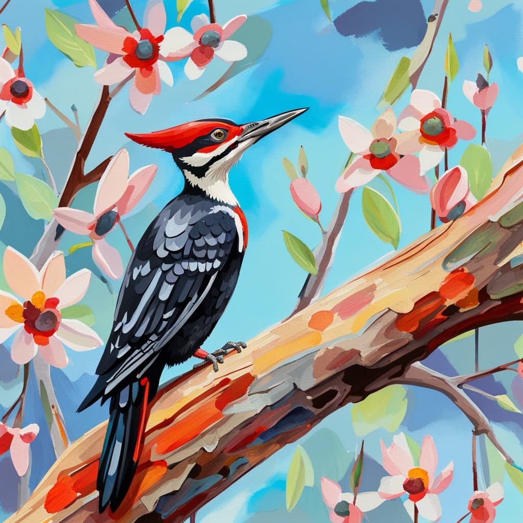 Pileated Woodpecker in Spring: Gouache Watercolor Masterpiec...