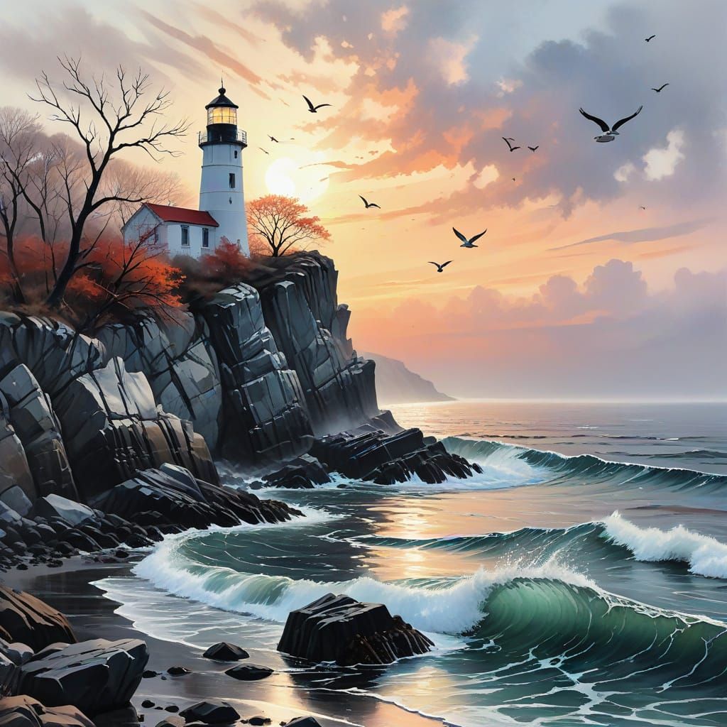 Glass Lighthouse on Windswept Cliff in Watercolor Style