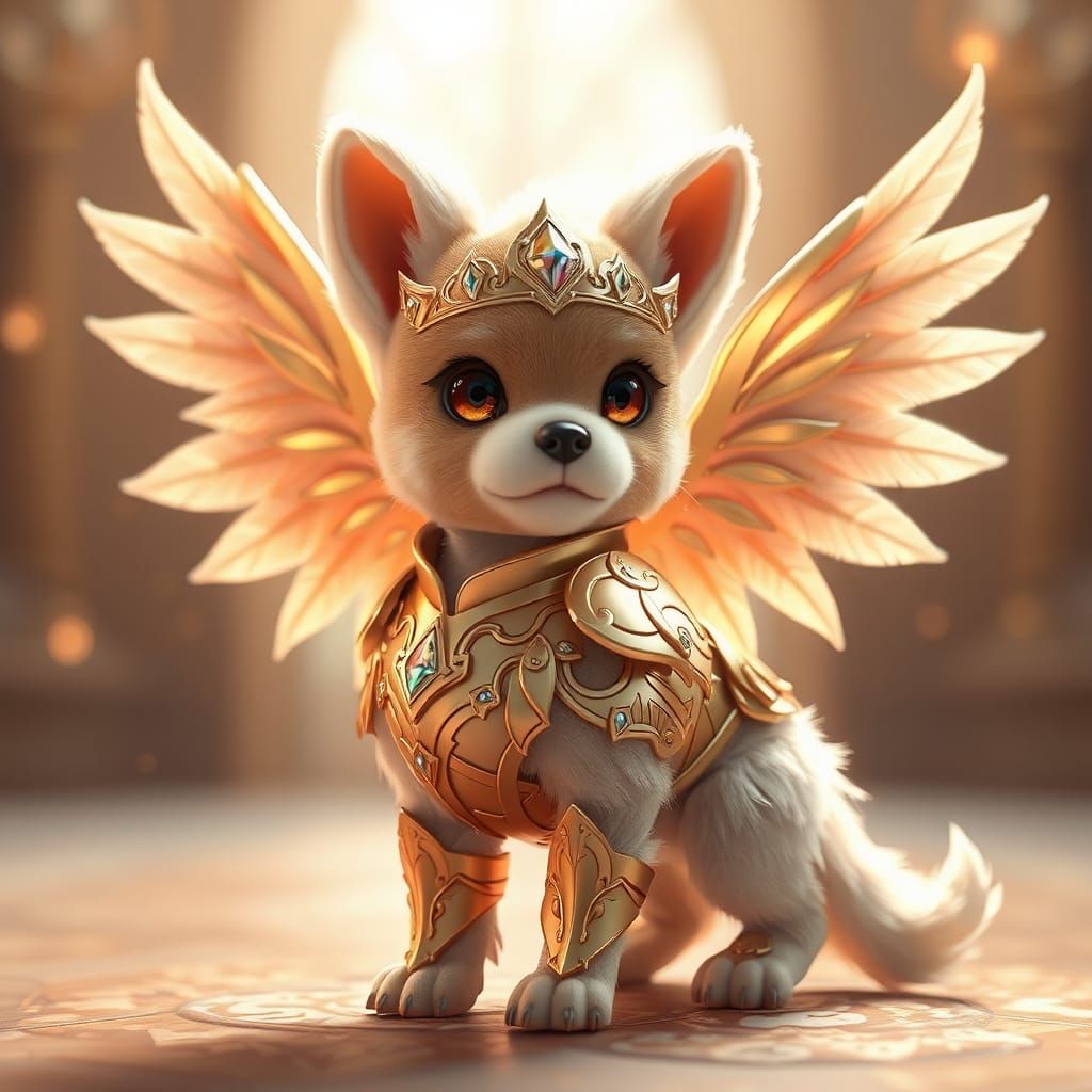 Winged Puppy in Gold Armor: 3D Anime Art