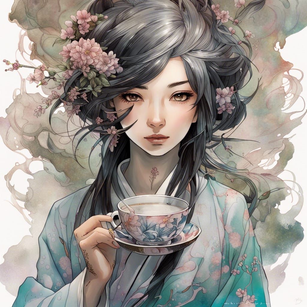 Japanese Tea Goddess Portrait in Manhwa Style