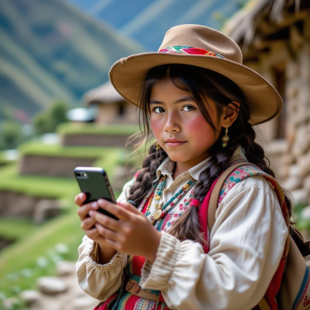 Aymara Girl with iPhone in Machu Picchu