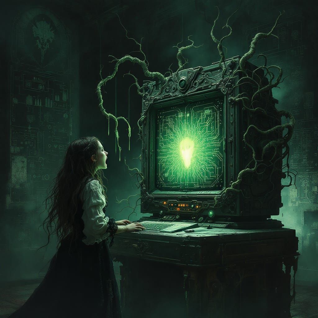 Girl Confronts Ghostly Computer in Grimdark Biopunk Style