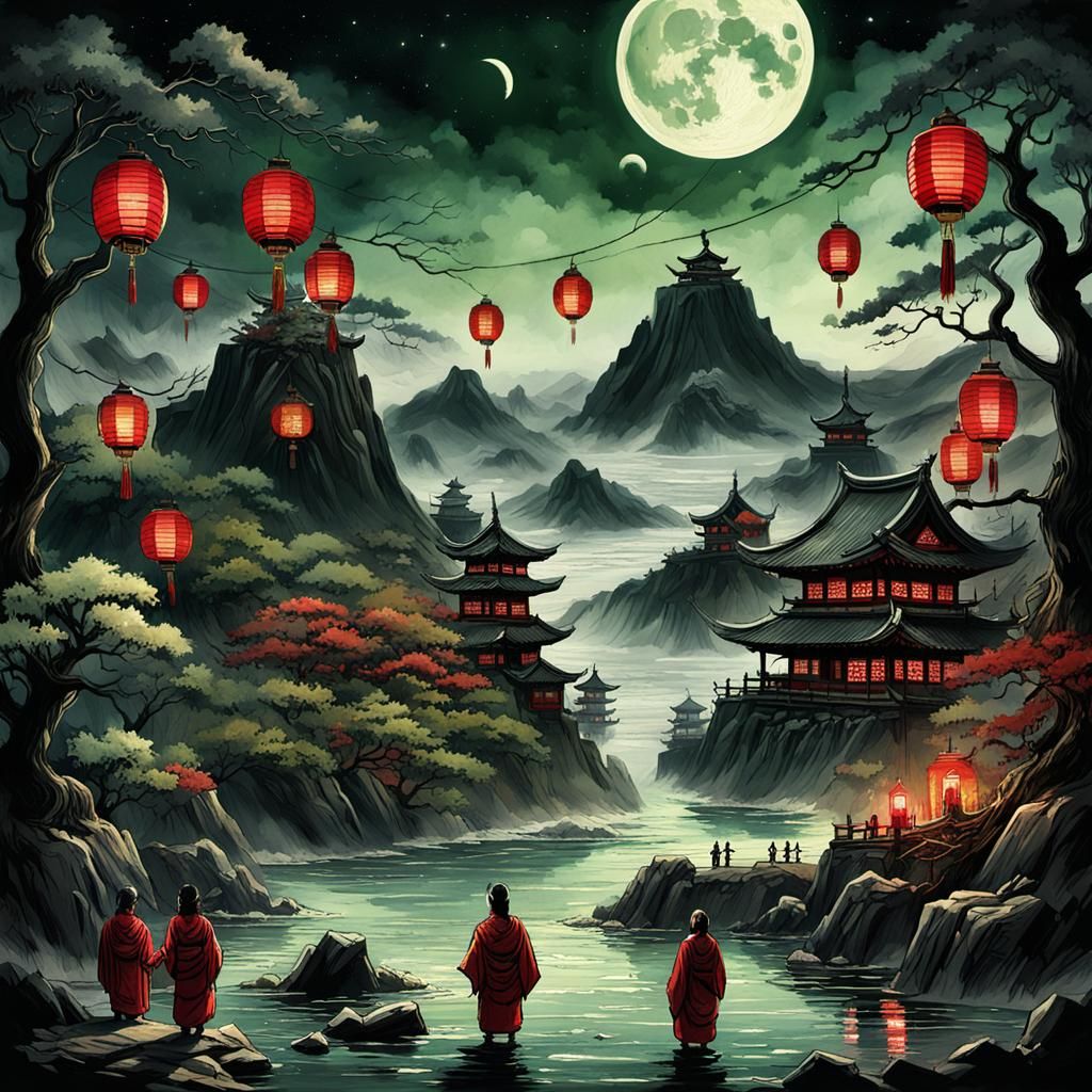 Ethereal Japanese Lantern Ceremony in Dark Landscape