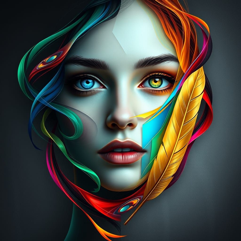 Ethereal Dreamscape: Female Visage in Swirling Geometric Pat...