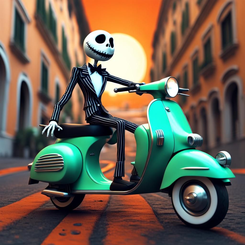 Jack Skellington driving a mint vespa in Rome in Halloween