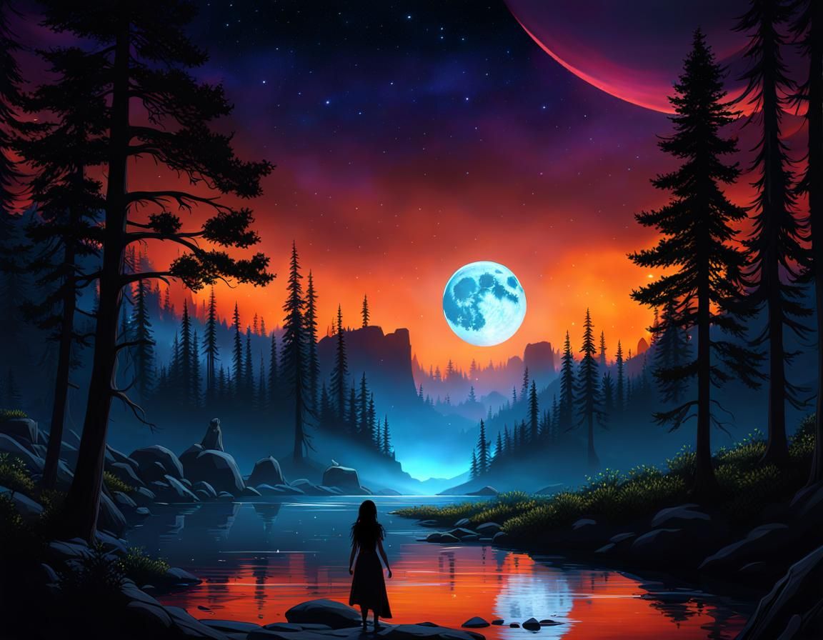 Moonlit Waterfall with Tribal Silhouette in Fantasycore Styl...