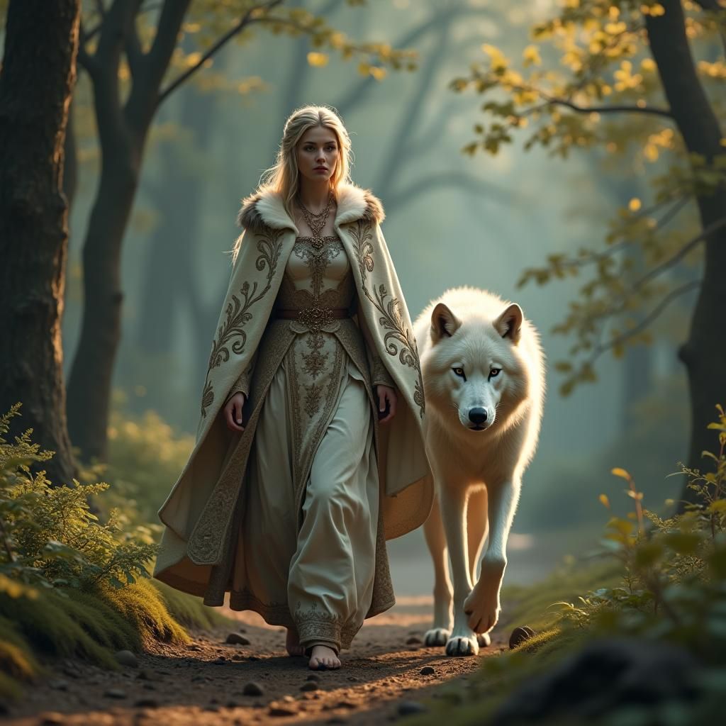 Regal Lady and White Wolf in Mystical Forest