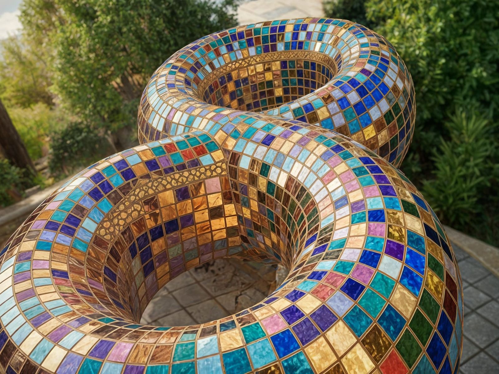 Gaudí's 8-Shaped Mosaic Masterpiece in a Sunlit Garden