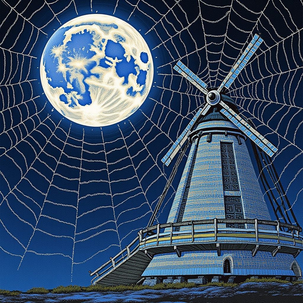 Mosaic Moonlit Sky with Cat and Windmill