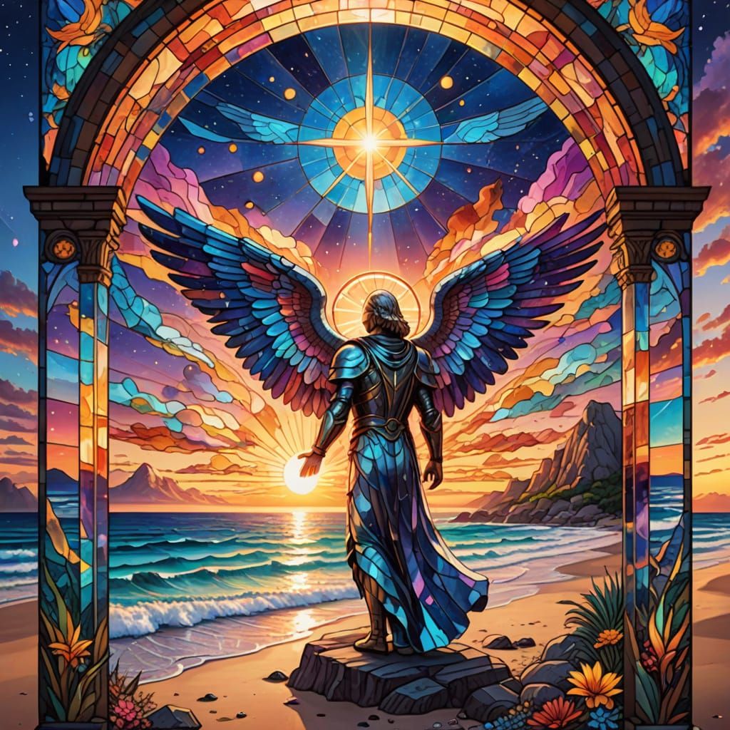 Divine Stained-Glass Portal to Vibrant Beach Sunrise
