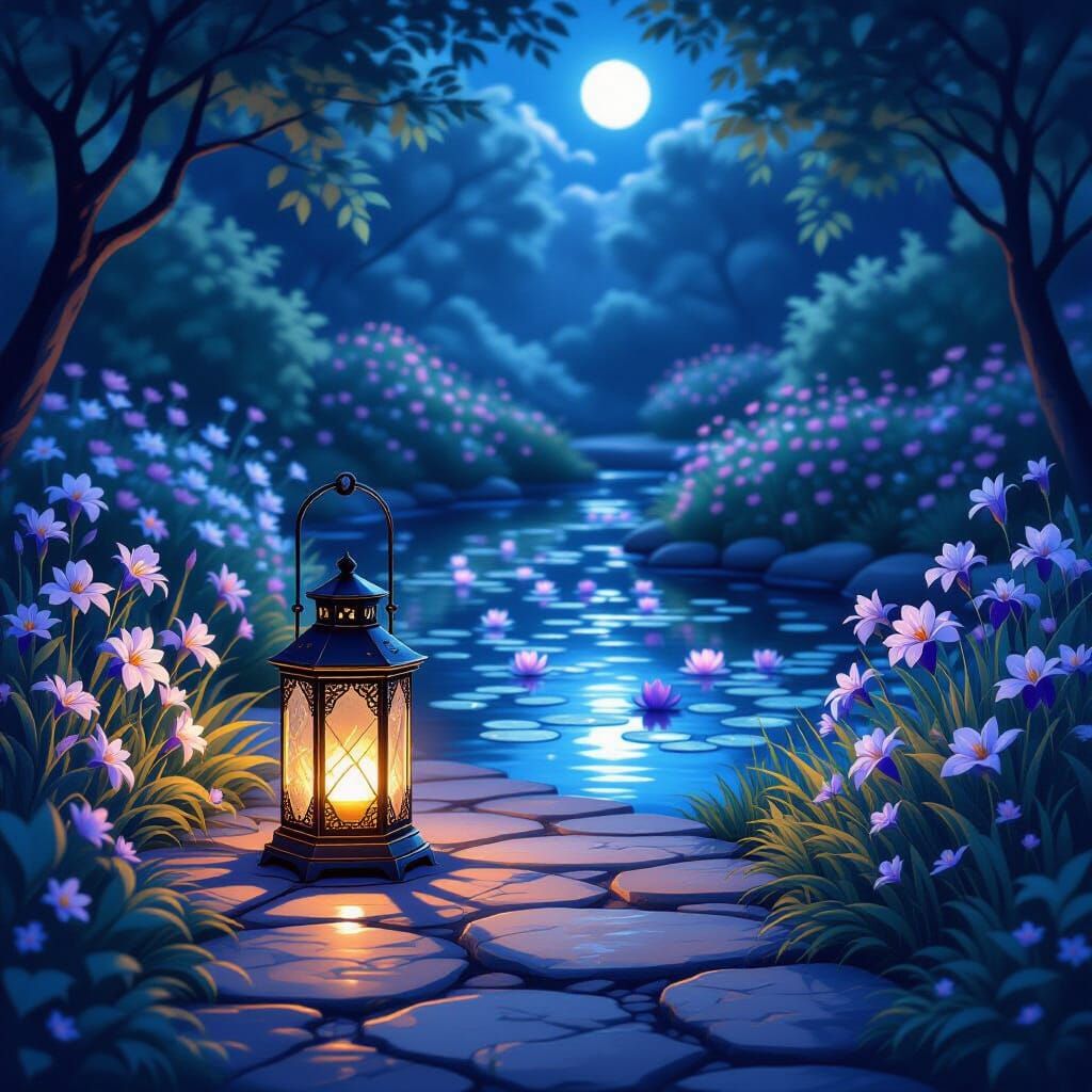 Ancient Lantern Guides Through Moonlit Garden