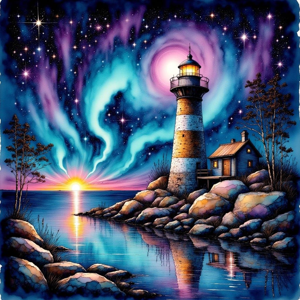 Ethereal Lighthouse Amidst Celestial Majesty