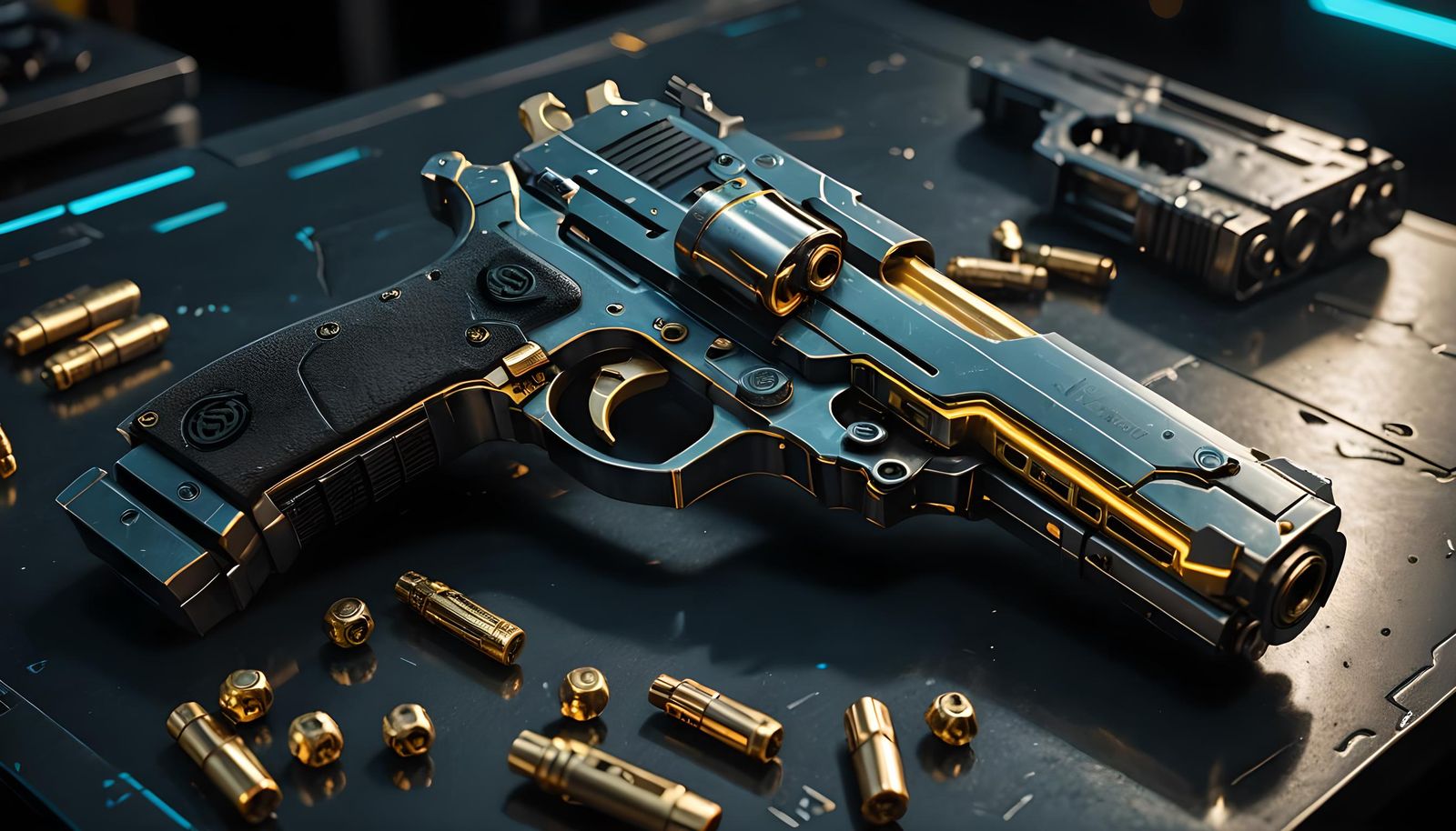 Futuristic Handgun with Blue Lighting in Matte Painting Styl...