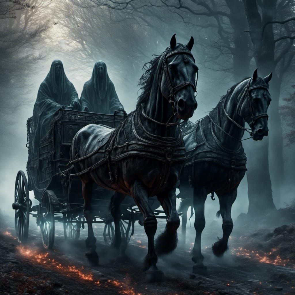 Scary Black Horses Pulling Calèche, Dark Fantasy Style