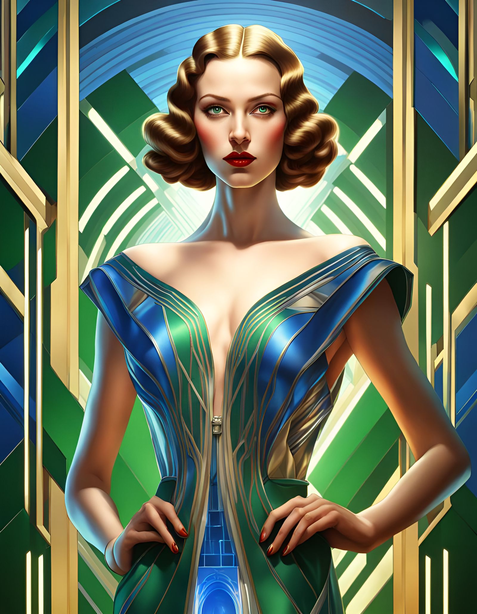 Elegant Woman in Art Deco Style with Solar Background