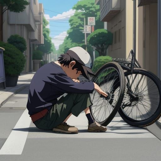 A kid on the sidewalk crying over an obviously flat tire on his bike. Anime, Studio Ghibli.
