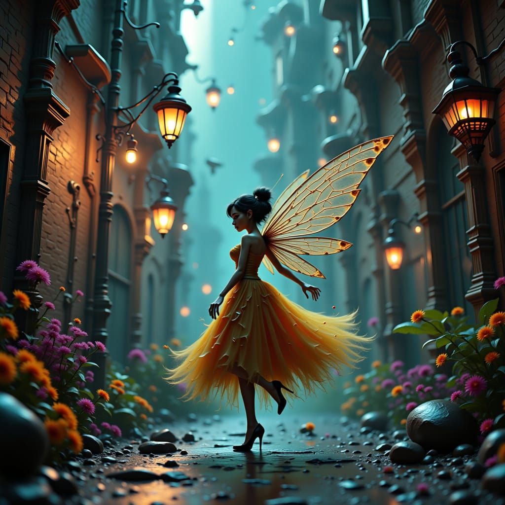 Cyborg Fairy Dances in Neon Cityscape