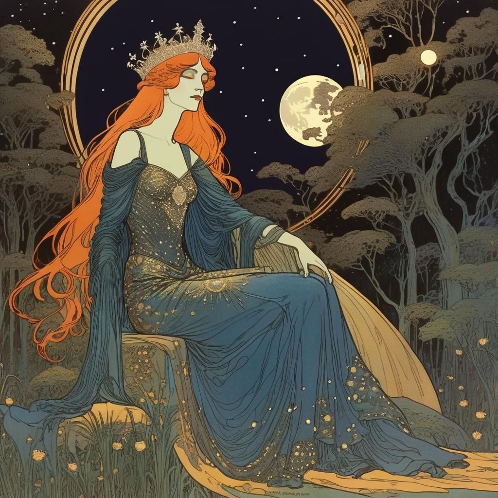 Gothic Nighttime Queen Ruler in Franklin Booth's Style