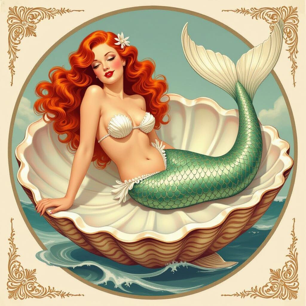 Redhead Mermaid Goddess in Vintage Pin-Up Style