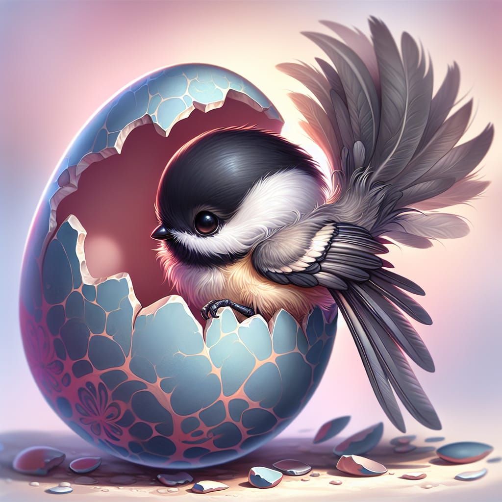 Cute Chickadee Emerges from Easter Egg: Fantasy Digital Art