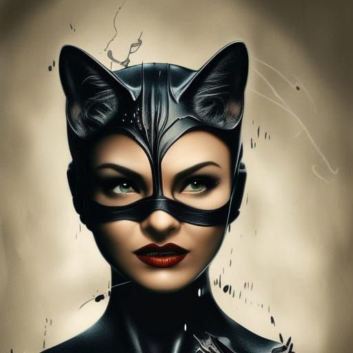 Realistic Catwoman with Cat Claws in Black and White