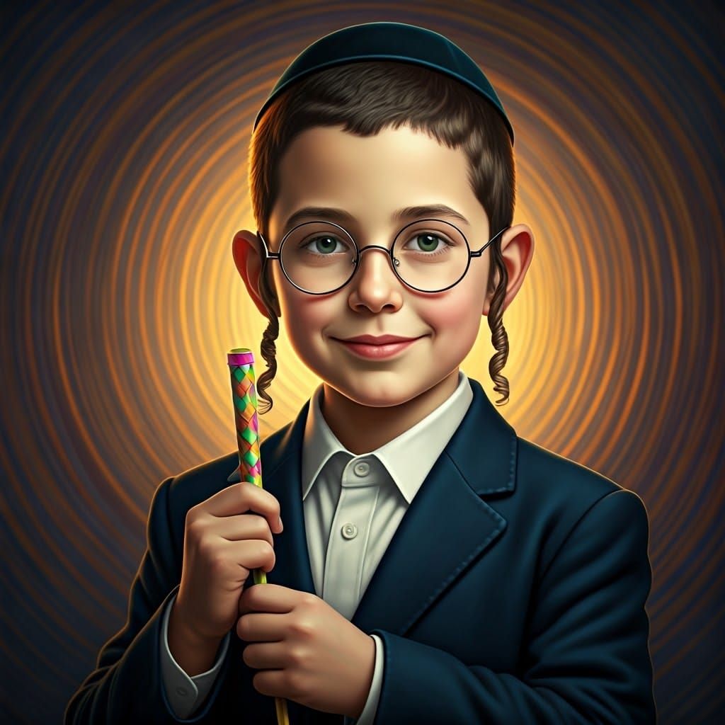 Haredi Boy Holds Vibrant Purim Noise-Maker in Cyberpunk Styl...