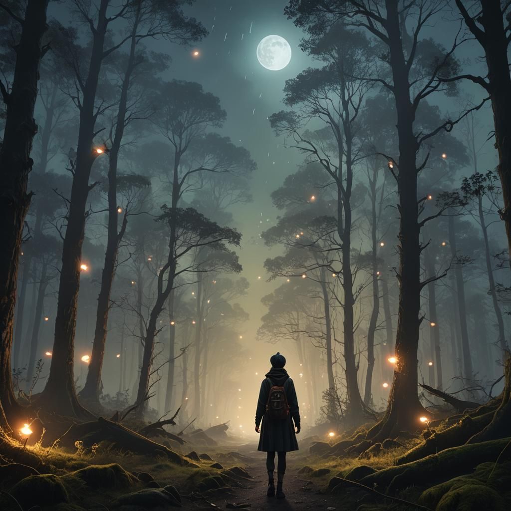 Misty Moonlit Forest Scene Inspired by Ash Thorp