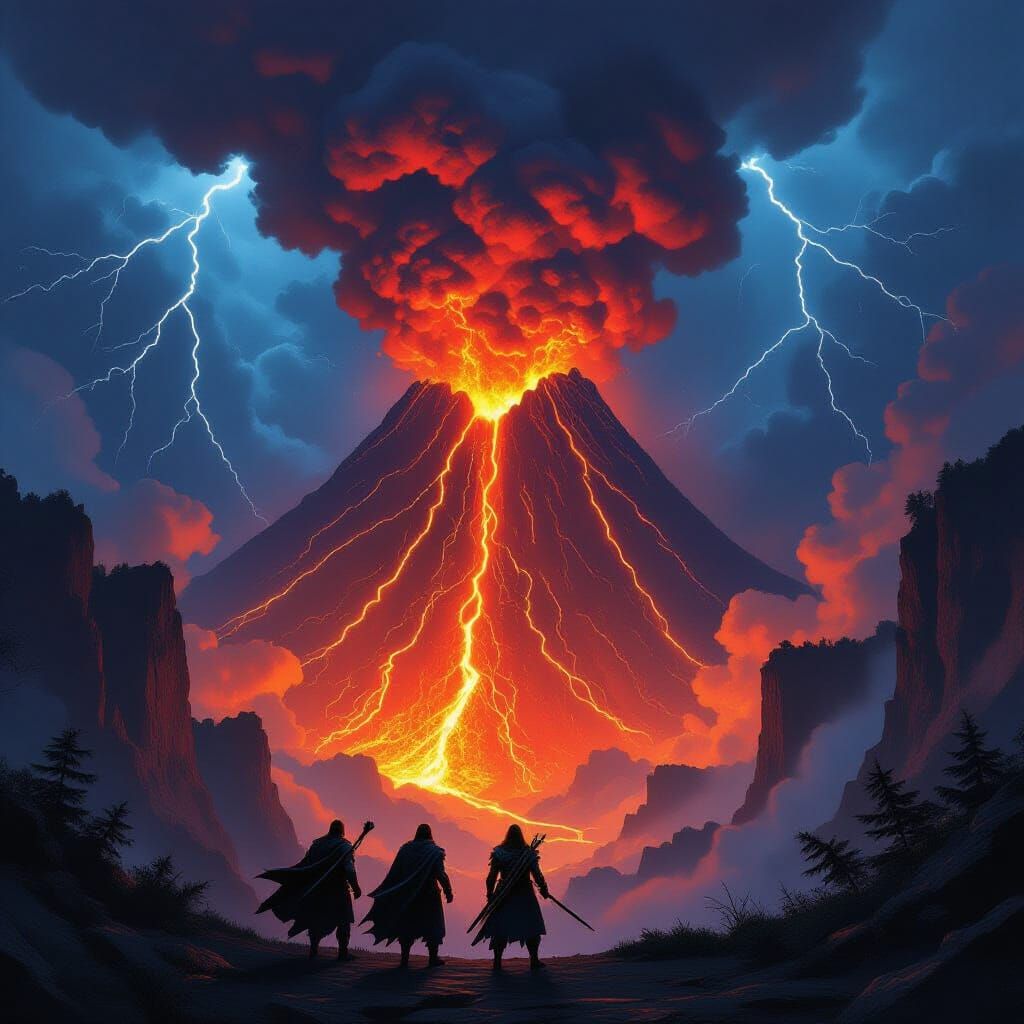 Colossal Volcano Erupts Under Stormy Sky, Lighting Dark Fore...