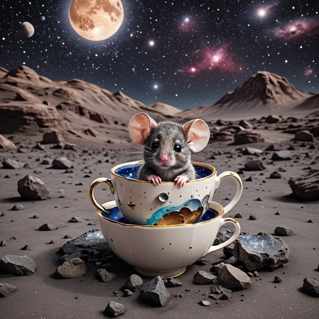 Hyperrealistic Chibi Mouse in Teacup on the Moon