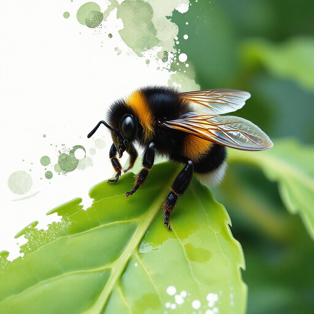 Bumblebee on Leaf in Gouache Style
