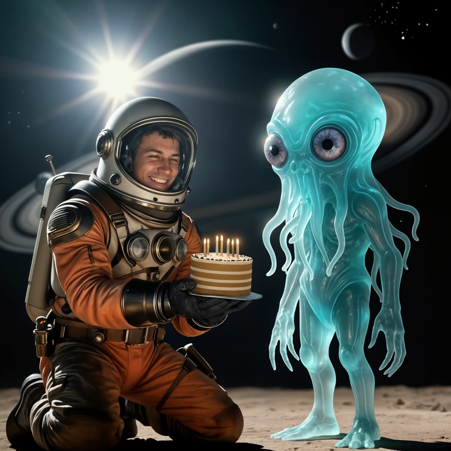 Steampunk Astronaut Holds Curious Tardigrade in Space