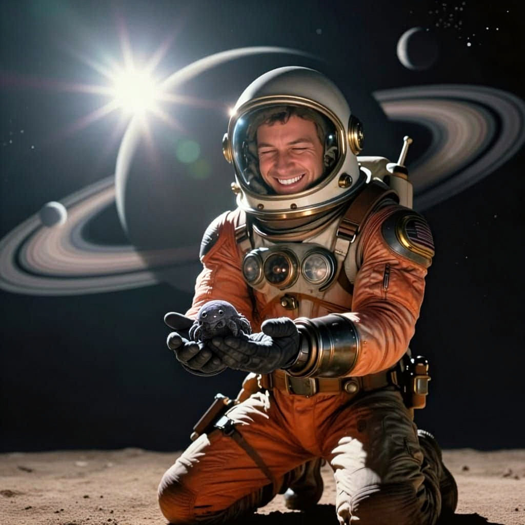 Steampunk Astronaut Discovers Tardigrade on Ringed Planet