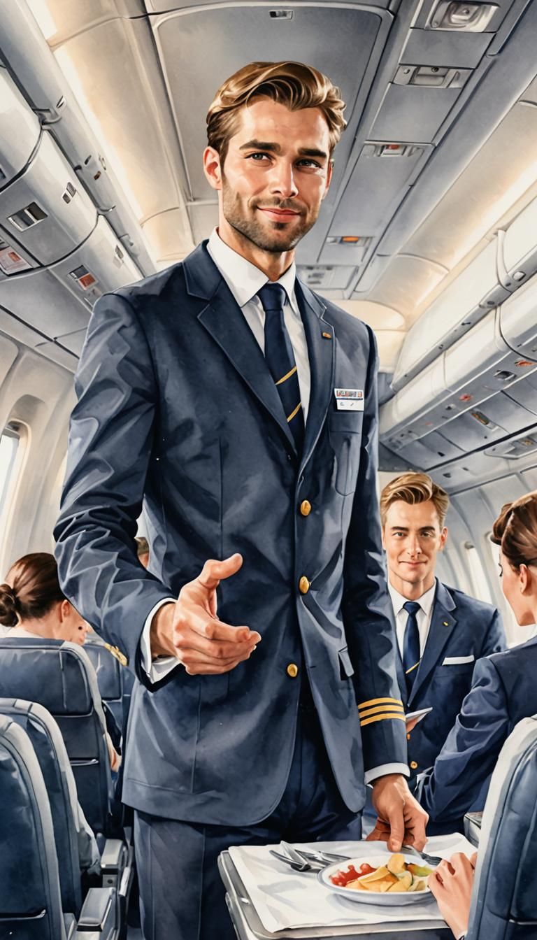 Male Cabin Crew Serving Passenger, Watercolor Art