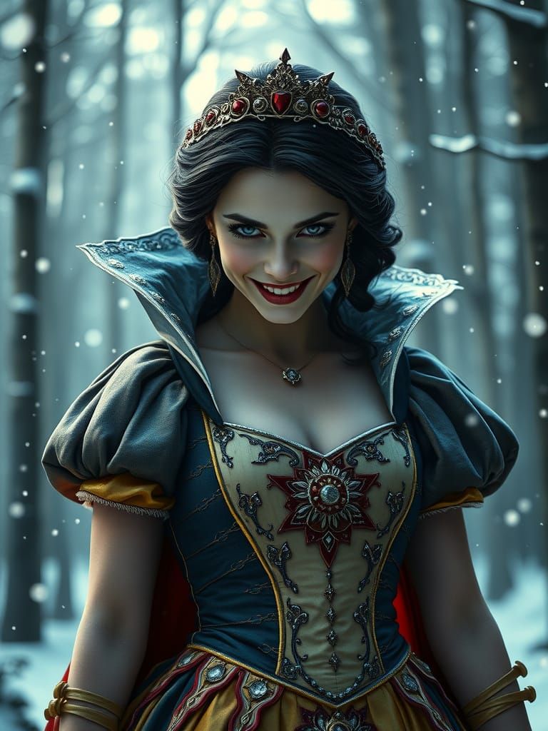 Evil Snow White Stares Intensely, Hyperrealistic Winter Scen...