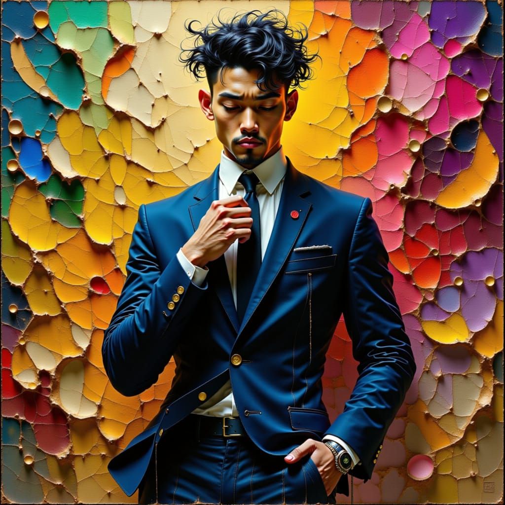 Brooding Man in Suit with Swirling Backdrop: Surrealist Art