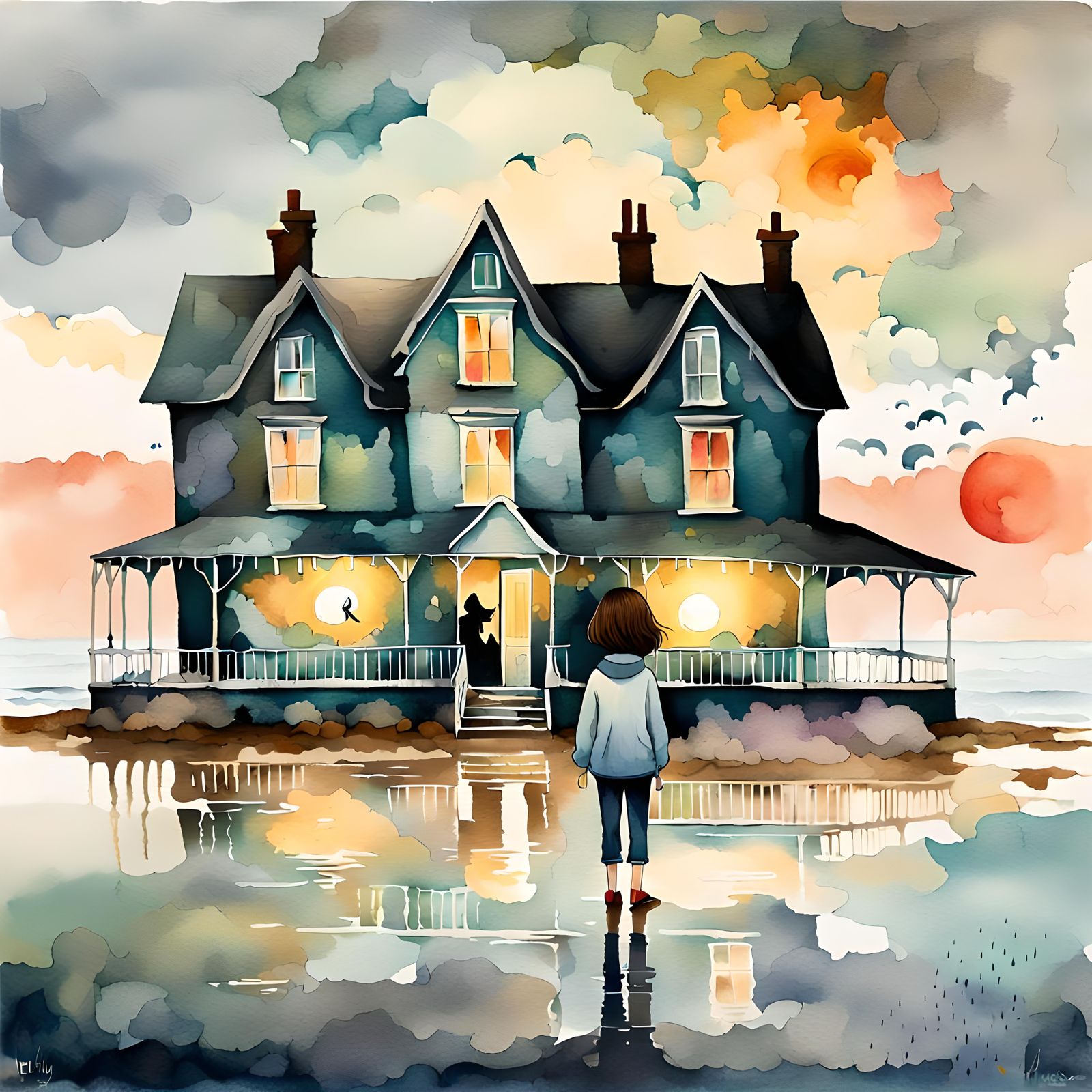 Surreal Seaside Manor House in Naive Watercolor Style