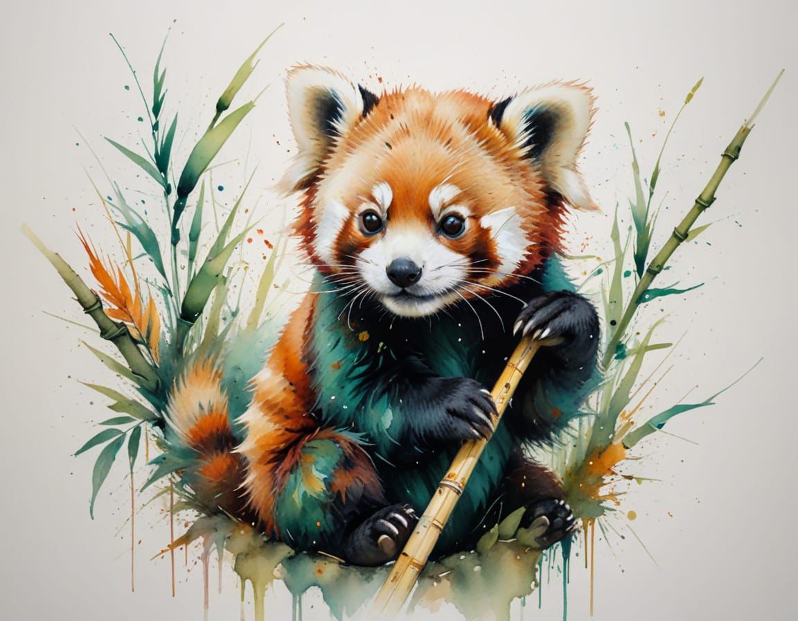 Red Panda Cub Resting in Bamboo, Watercolor Art