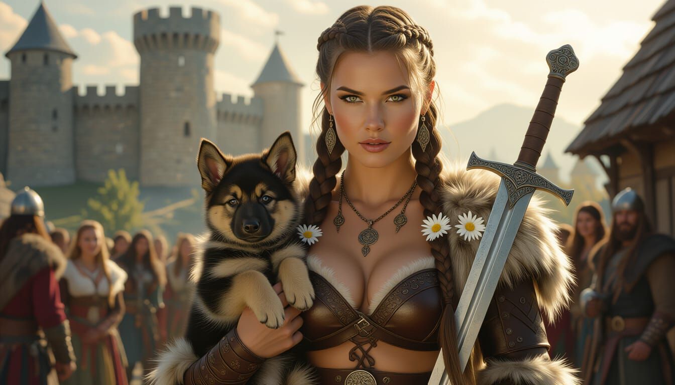 Viking Woman with Edelweiss and German Shepherd