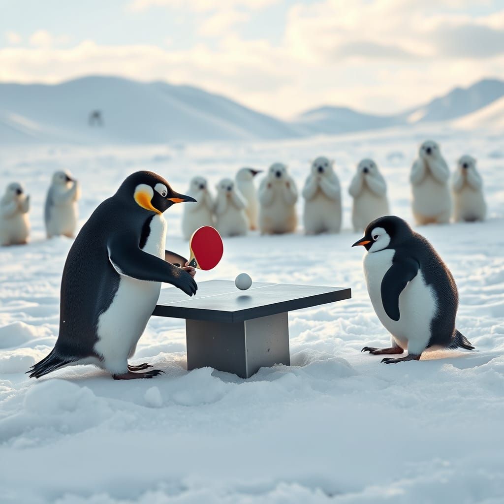 Penguins Play Ping Pong in Winter Wonderland