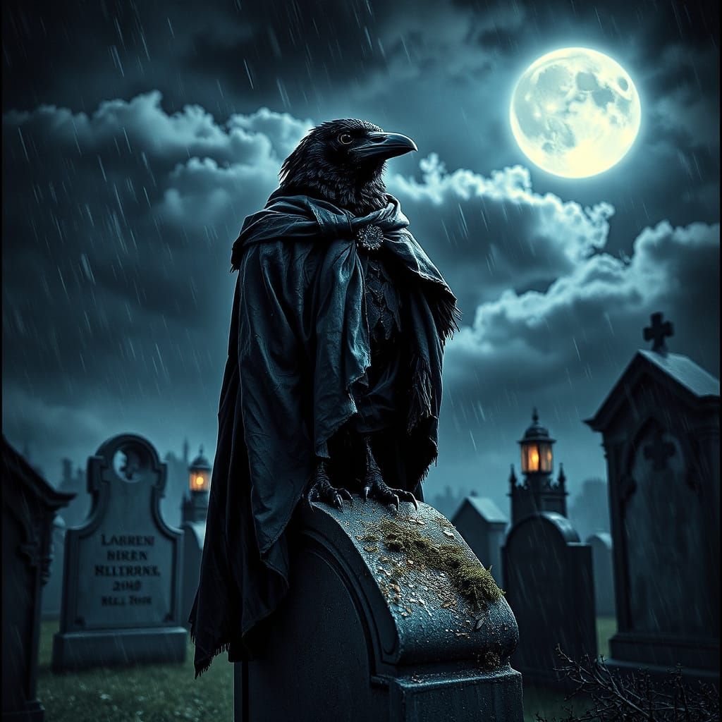 Gothic Raven on Tombstone in Moonlit Graveyard