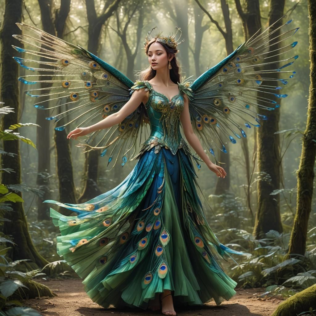 Peacock Wing Fairy Dancing in Forest