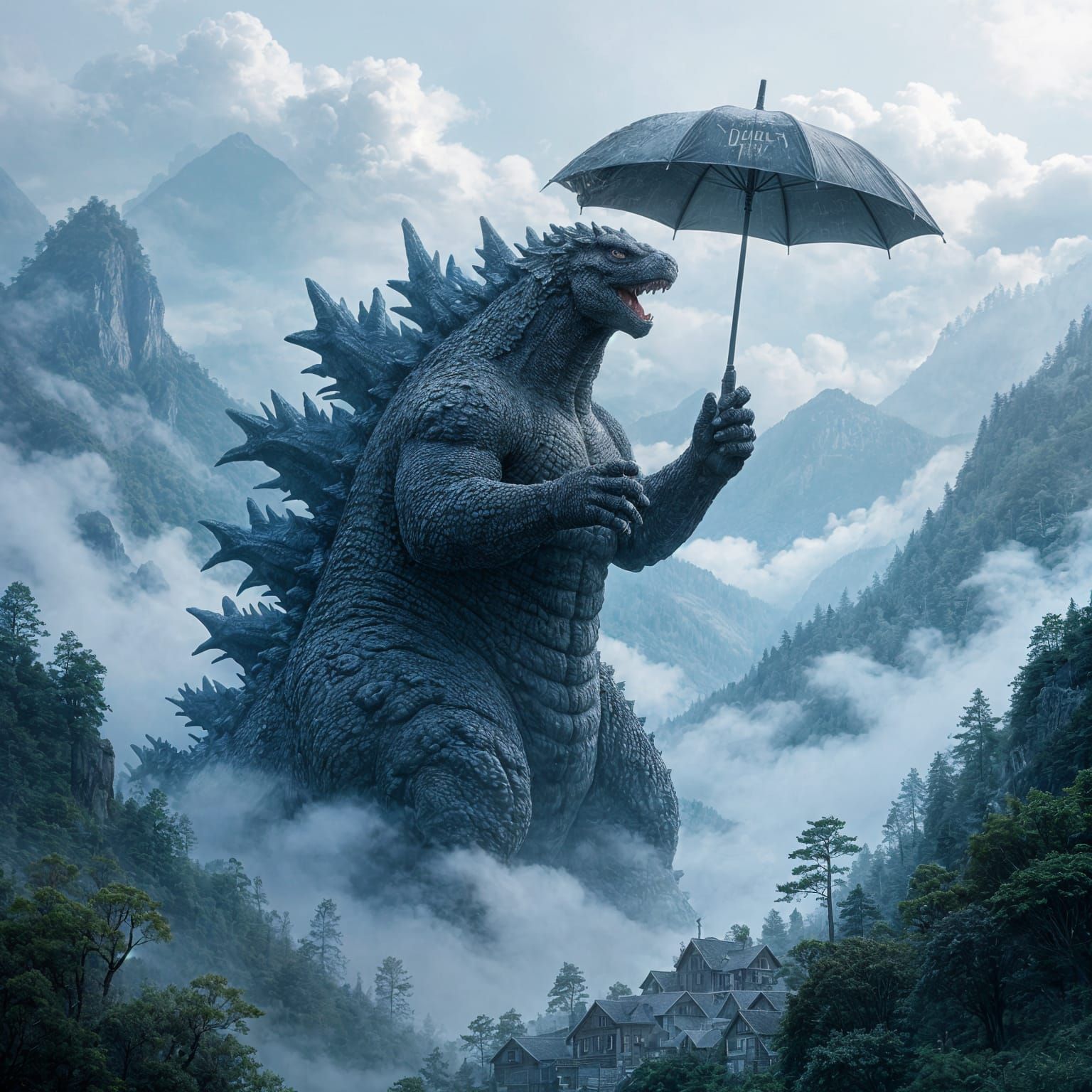 Godzilla Rises in Mountain Valley Under Stone Umbrella
