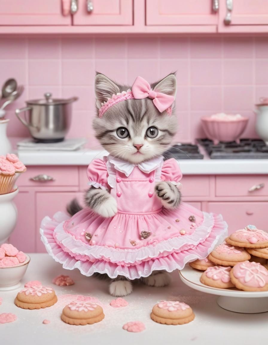 Kitten Baking Pink Cookies in a Magical Kitchen