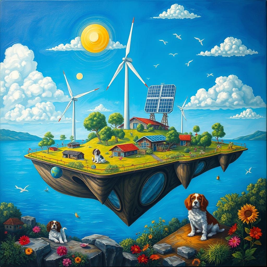 Whimsical Solarpunk Paradise with Cavalier King Charles Span...
