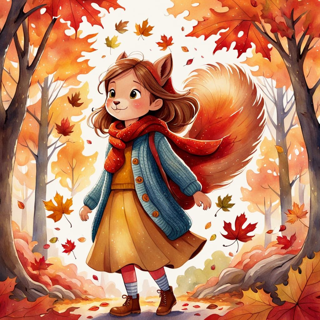Girl with Squirrel in Autumn, Watercolor Style